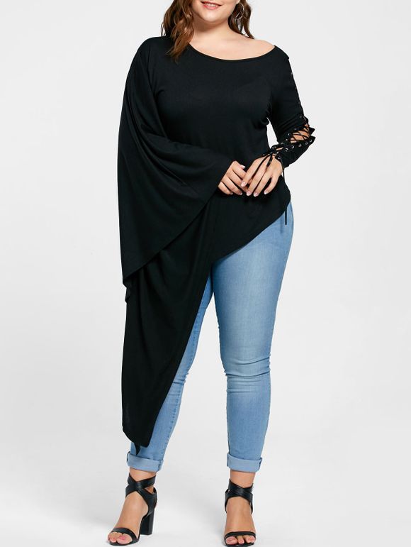 Plus Size Lace Up Batwing Sleeve Asymmetric T-shirt - BLACK 5XL