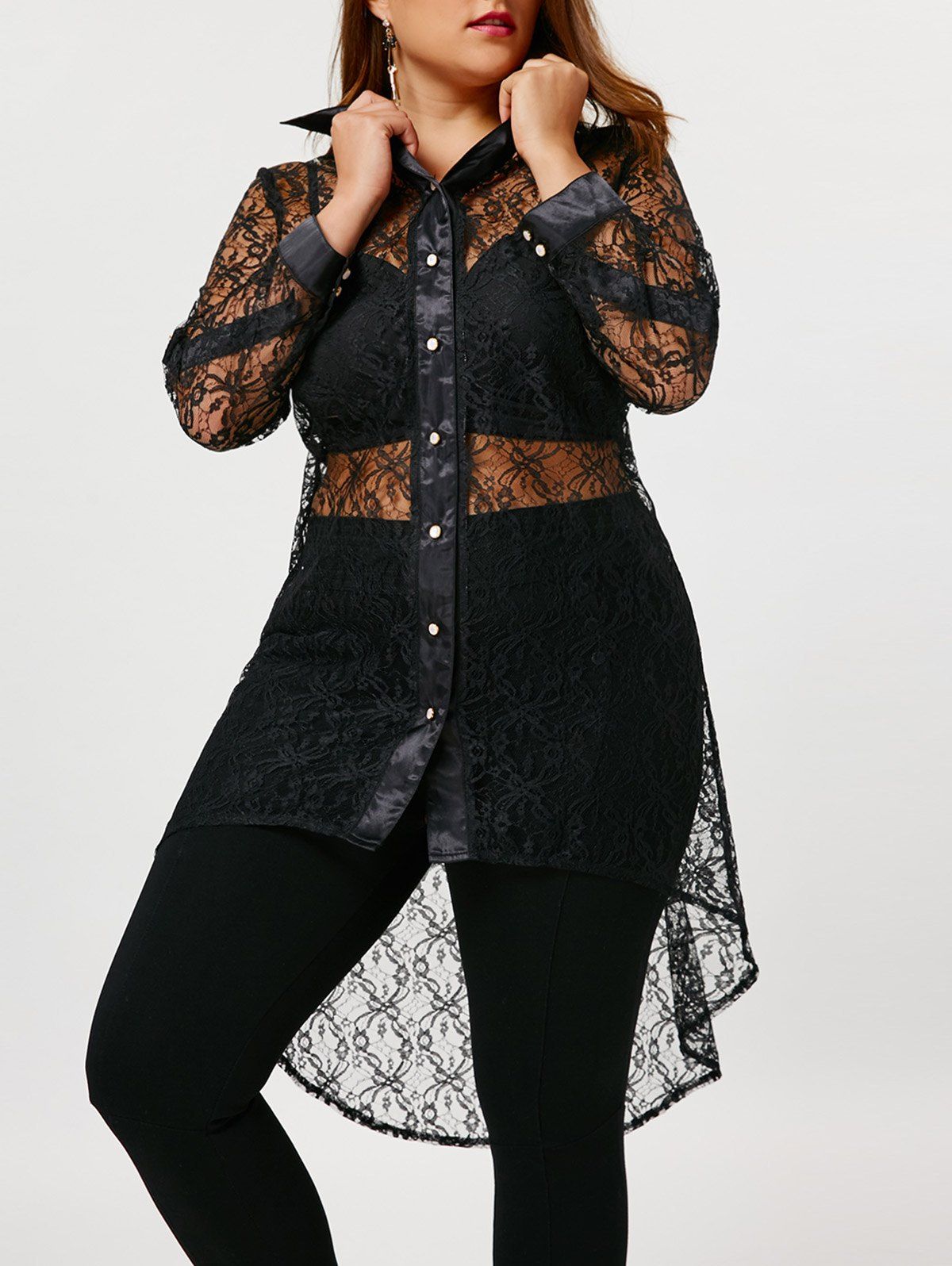 

Sheer Plus Size High Low Lace Shirt, Black