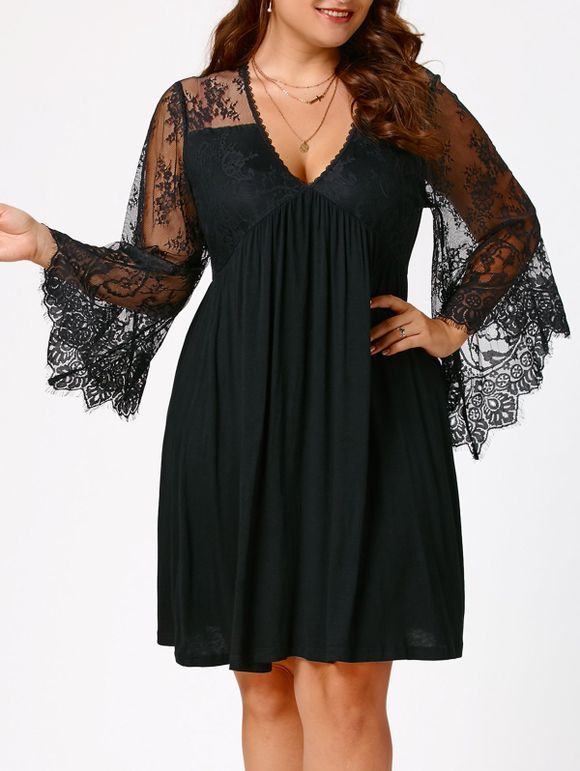 Robe Grande Taille Tunique Taille Haute en Dentelle - Noir 5XL