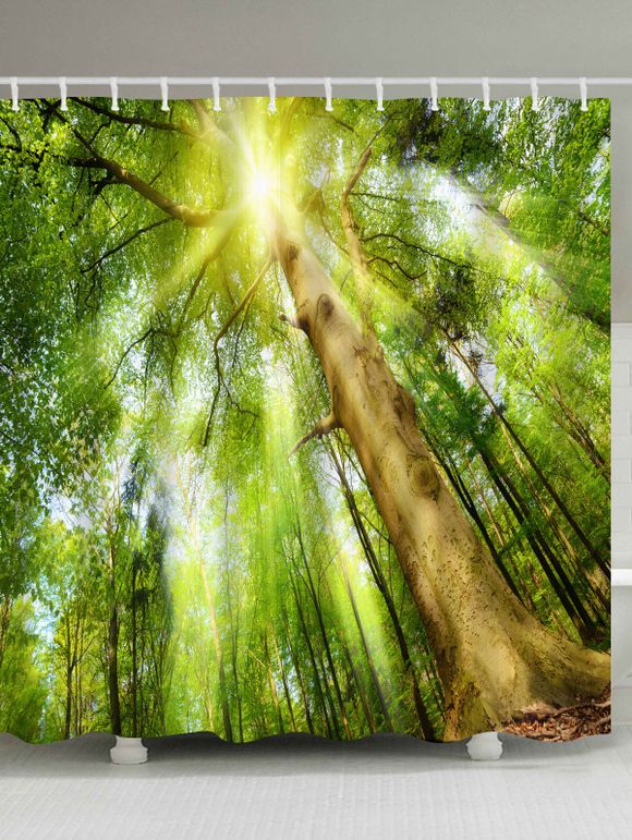 Rideau de Douche Imperméable Forêt et lumière de Soleil Imprimés en Tissu - Vert W71 INCH * L79 INCH