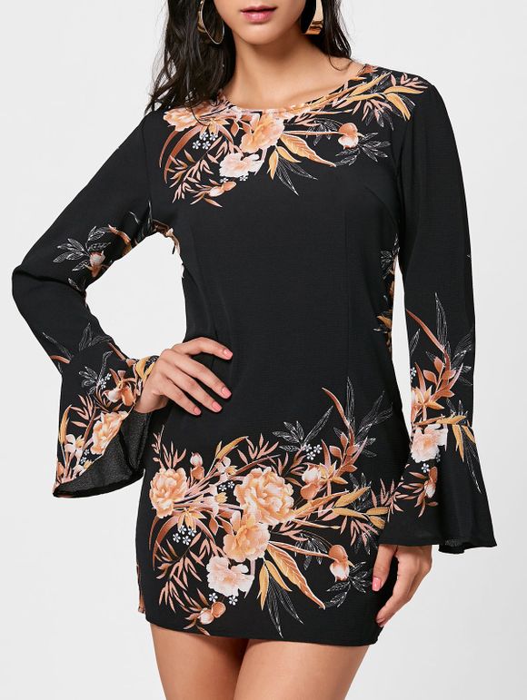 Floral Flare Sleeve Shift Chiffon Dress - Noir XL