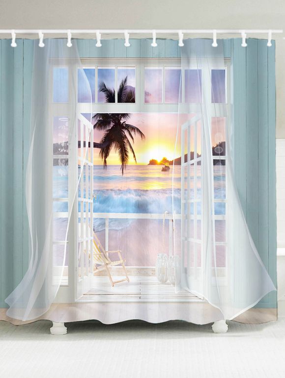 Rideau de Douche Imperméable Imprimé Coucher du Soleil à Travers Fausse Fenêtre 3D - coloré W59 INCH * L71 INCH