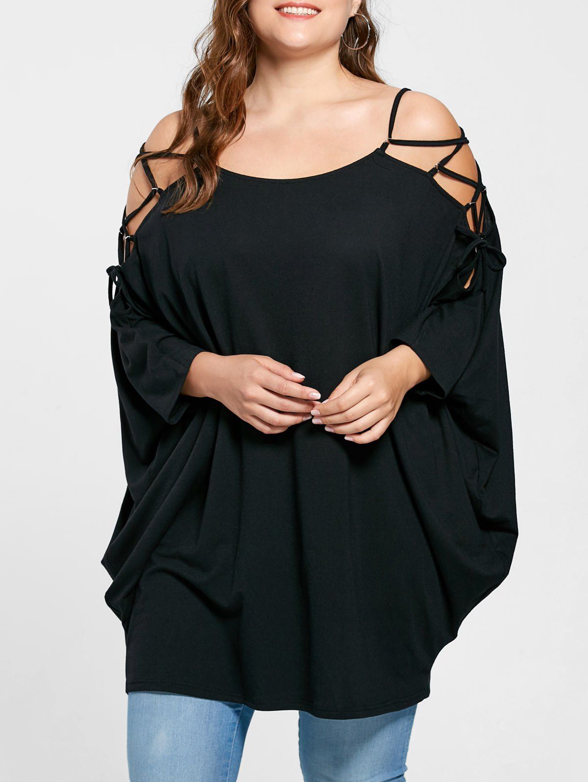 

Plus Size Open Shoulder Baggy Top, Black