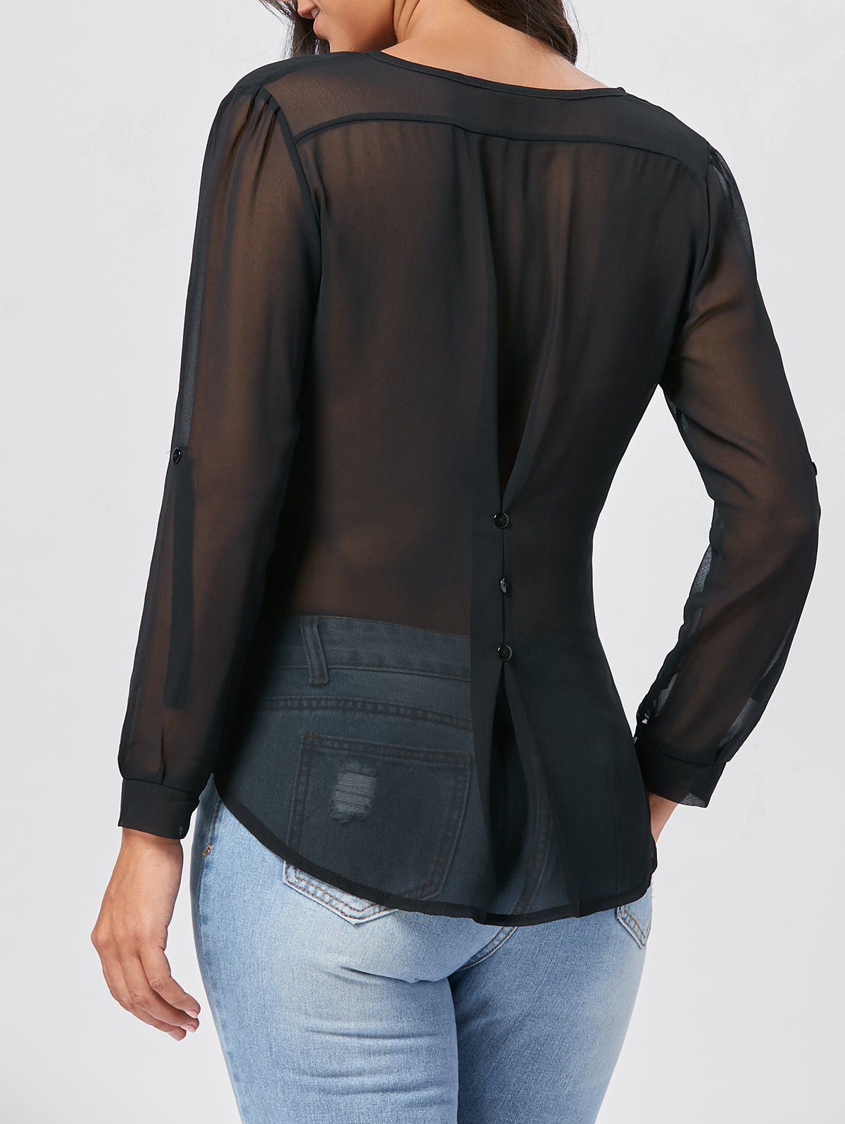 

V Neck Buttoned Sheer Chiffon Blouse, Black