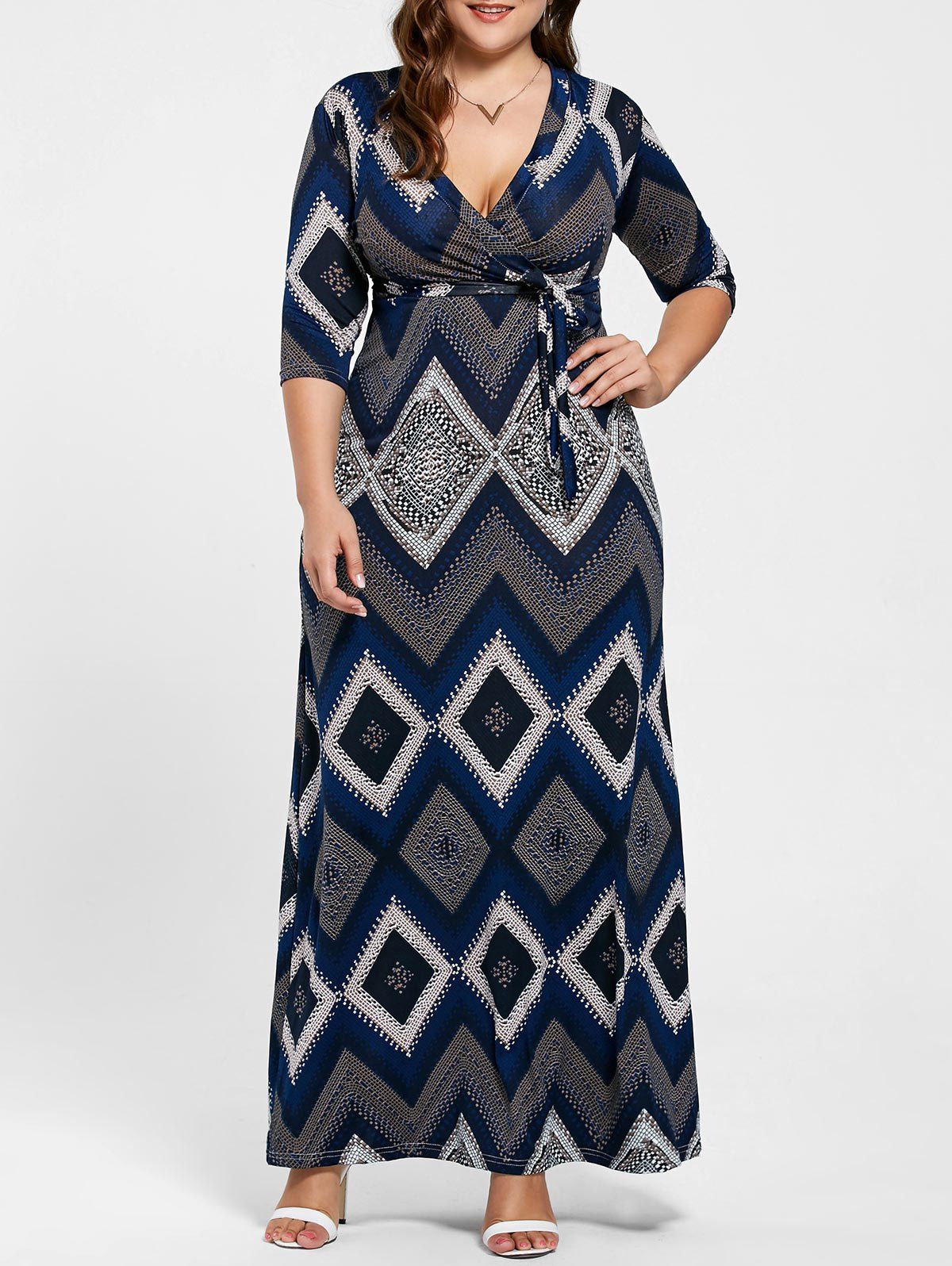 

V Neck Geometric Print Plus Size Long Dress, Purplish blue