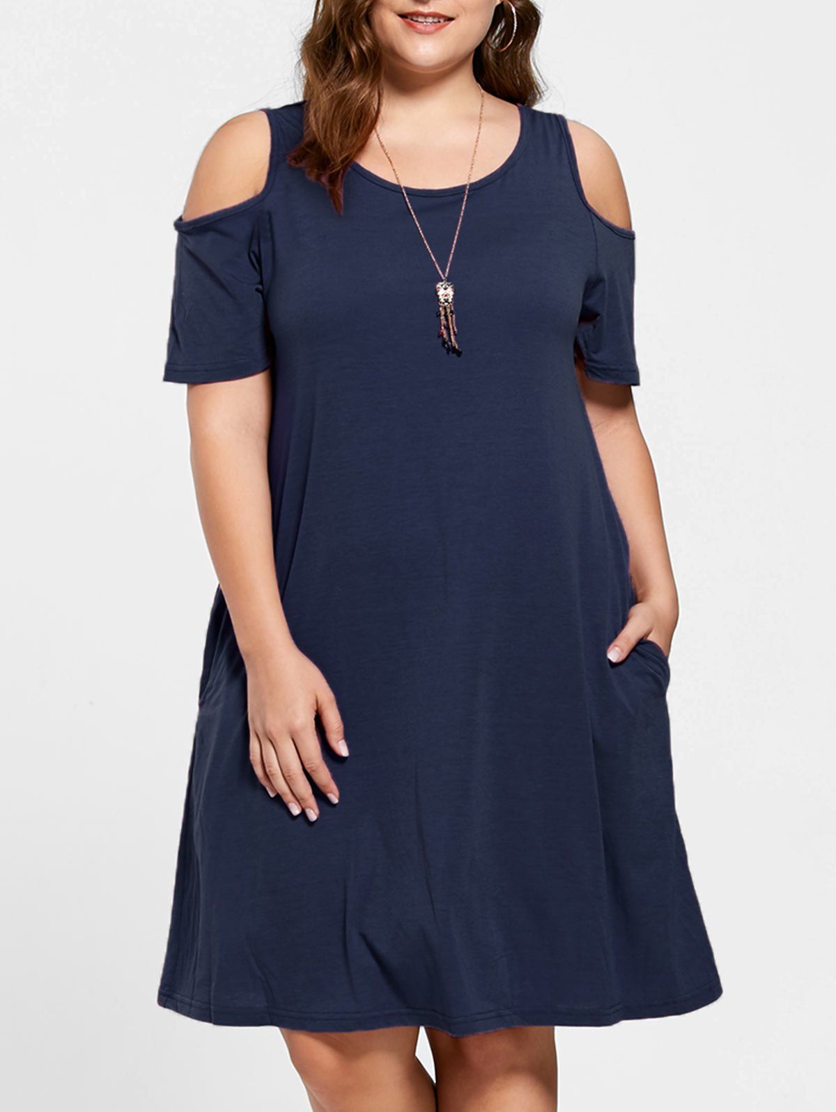 

Plus Size Tunic Cold Shoulder Dress, Purplish blue