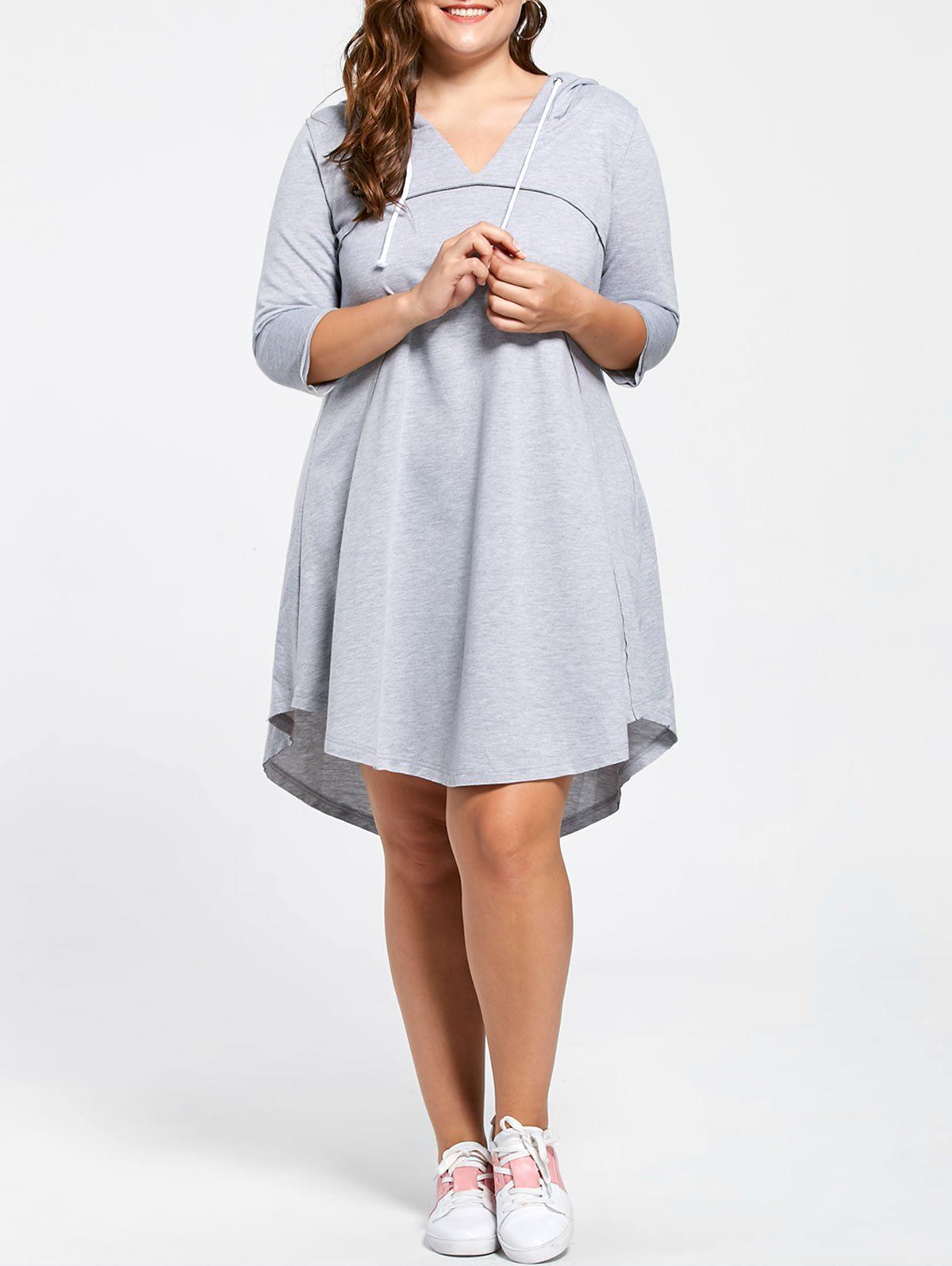

Plus Size Drawstring Neck Hooded Jersey Dress, Light gray