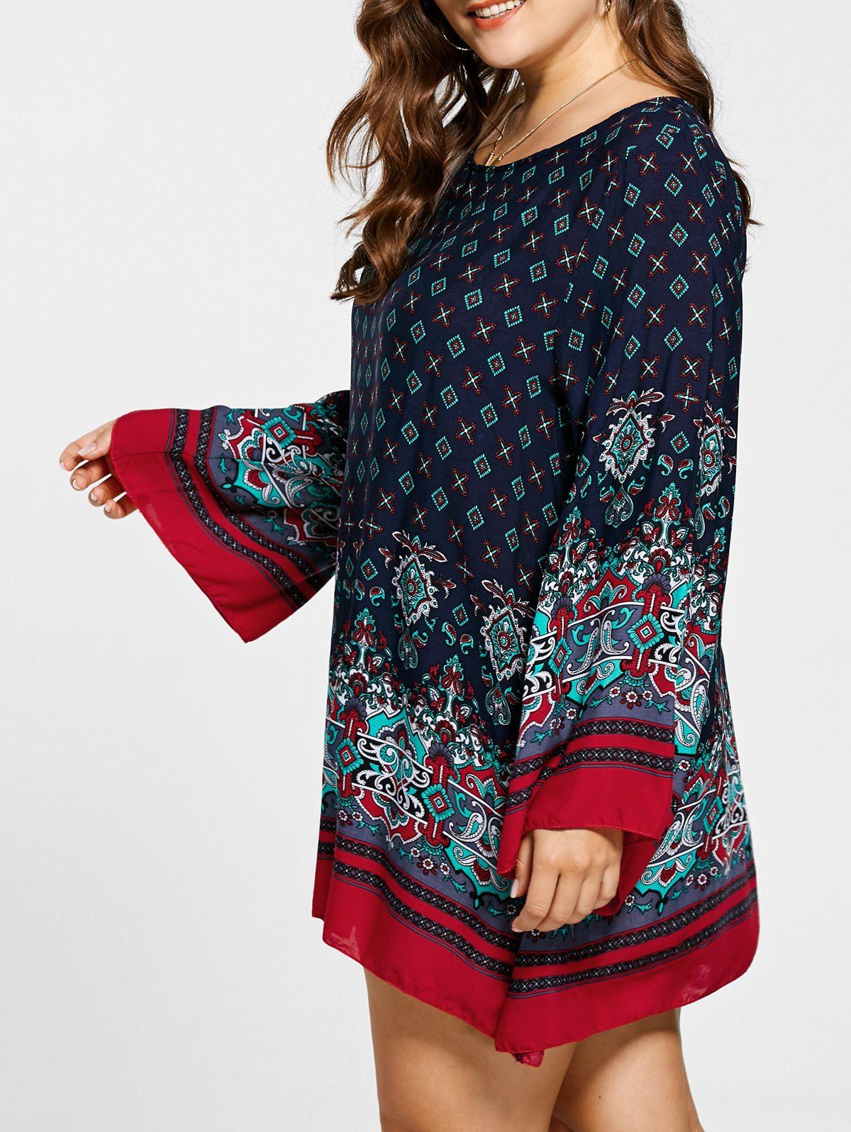 

Plus Size Flare Sleeve Mini Bohemian Dress, Cerulean