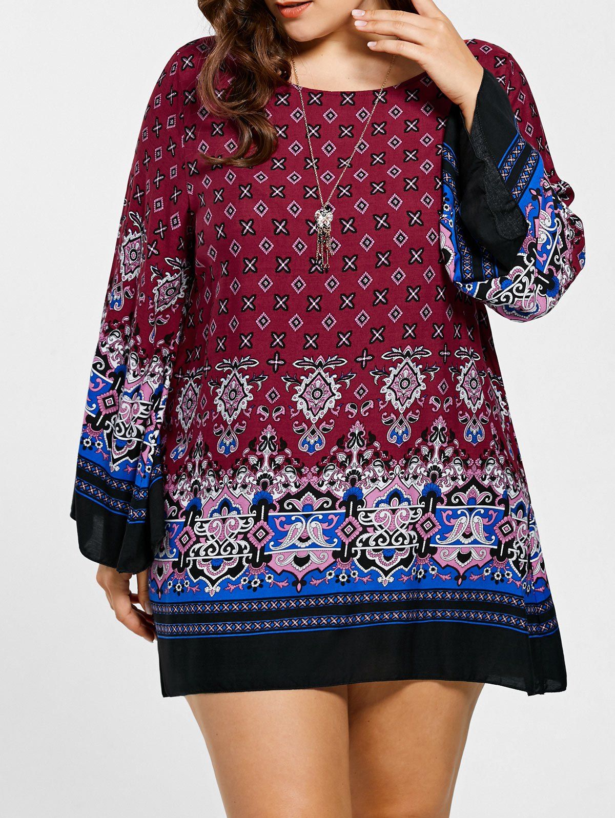 

Plus Size Flare Sleeve Mini Bohemian Dress, Red