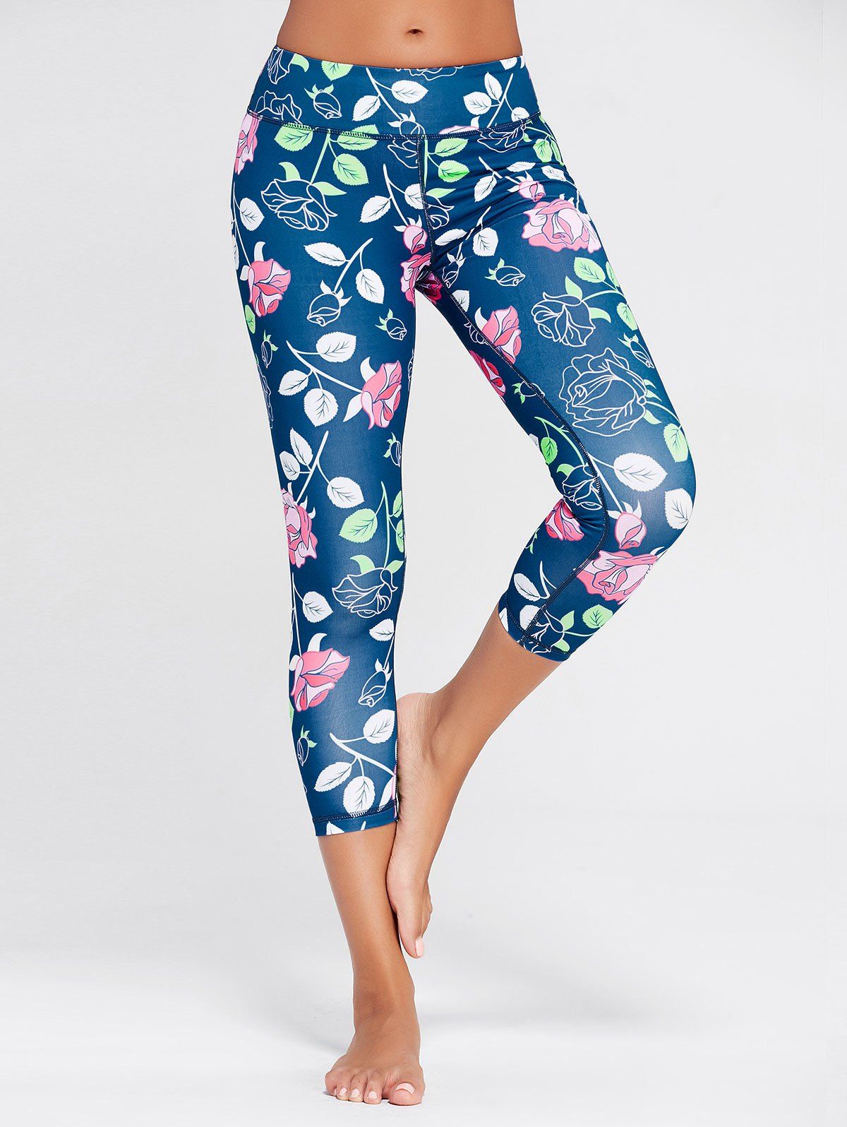 

Rose Floral Printed Sports Leggings, Blue