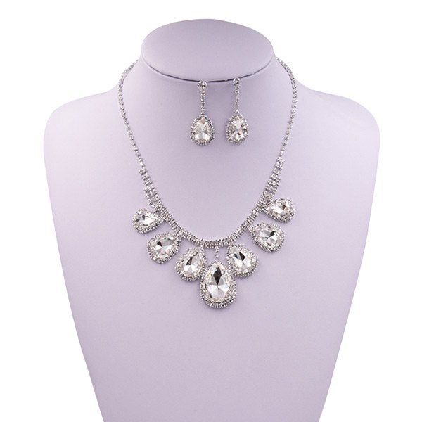 

Faux Gem Rhinestoned Teardrop Wedding Jewelry Set, Silver