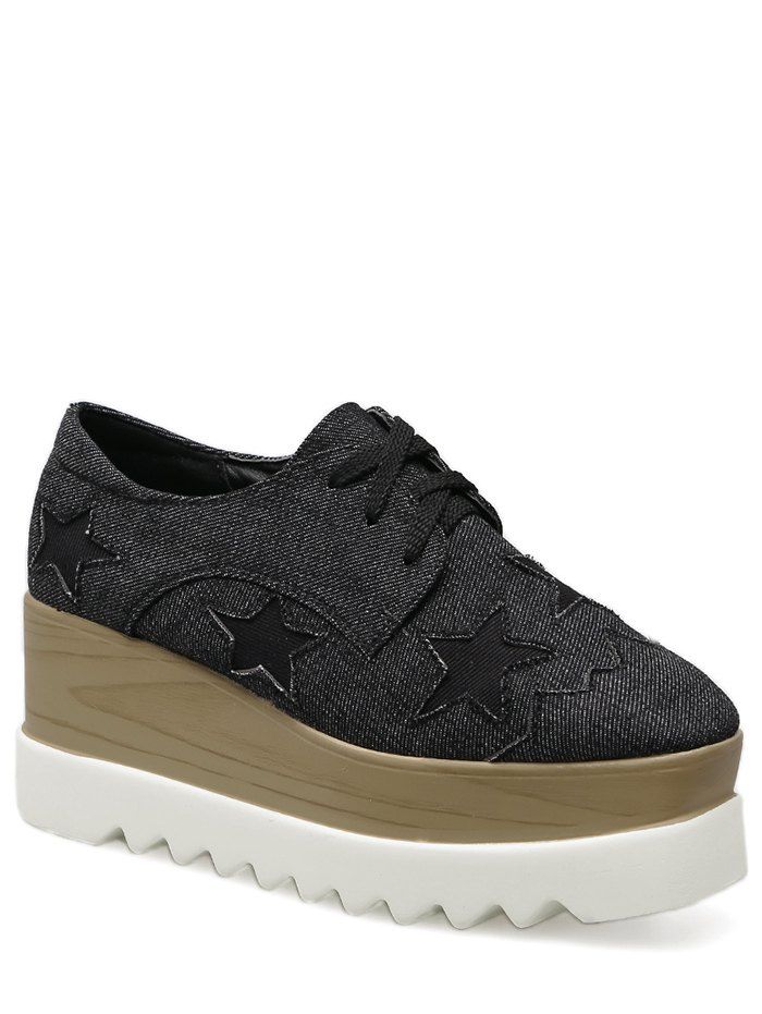 

Denim Star Pattern Wedge Shoes, Black