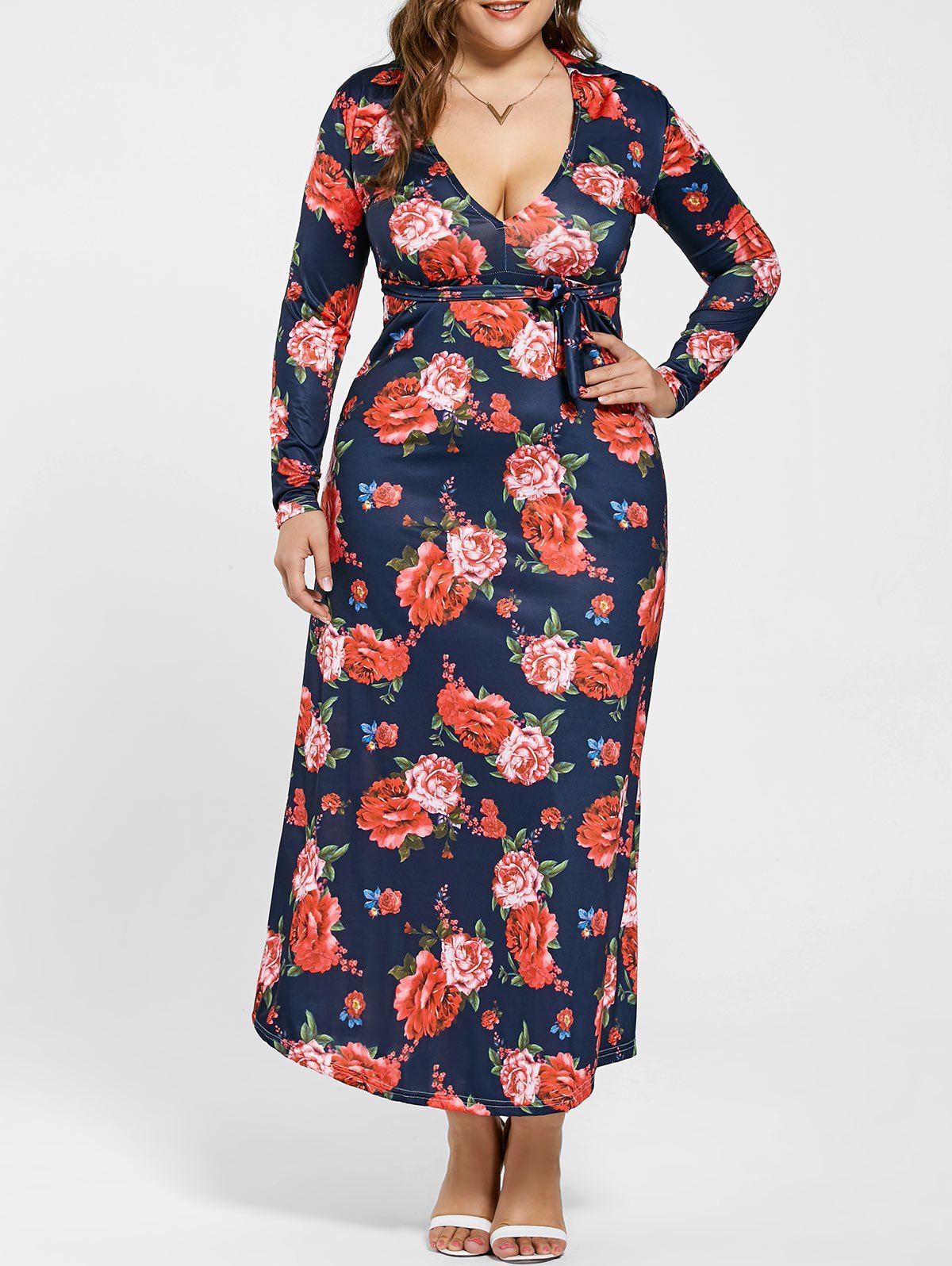 

Plunging Neck Long Sleeve Floral Plus Size Dress, Purplish blue
