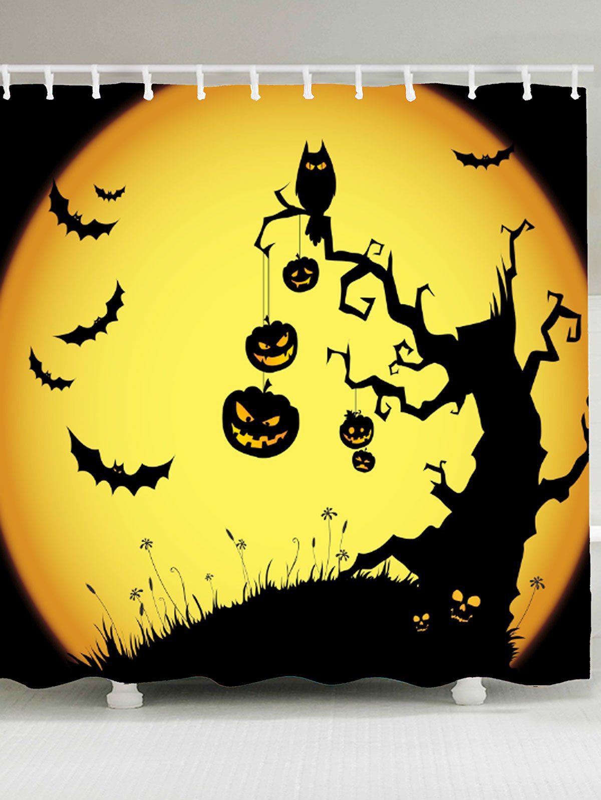 

Waterproof Halloween Pumpkin Withered Tree Print Shower Curtain, Yellow and black
