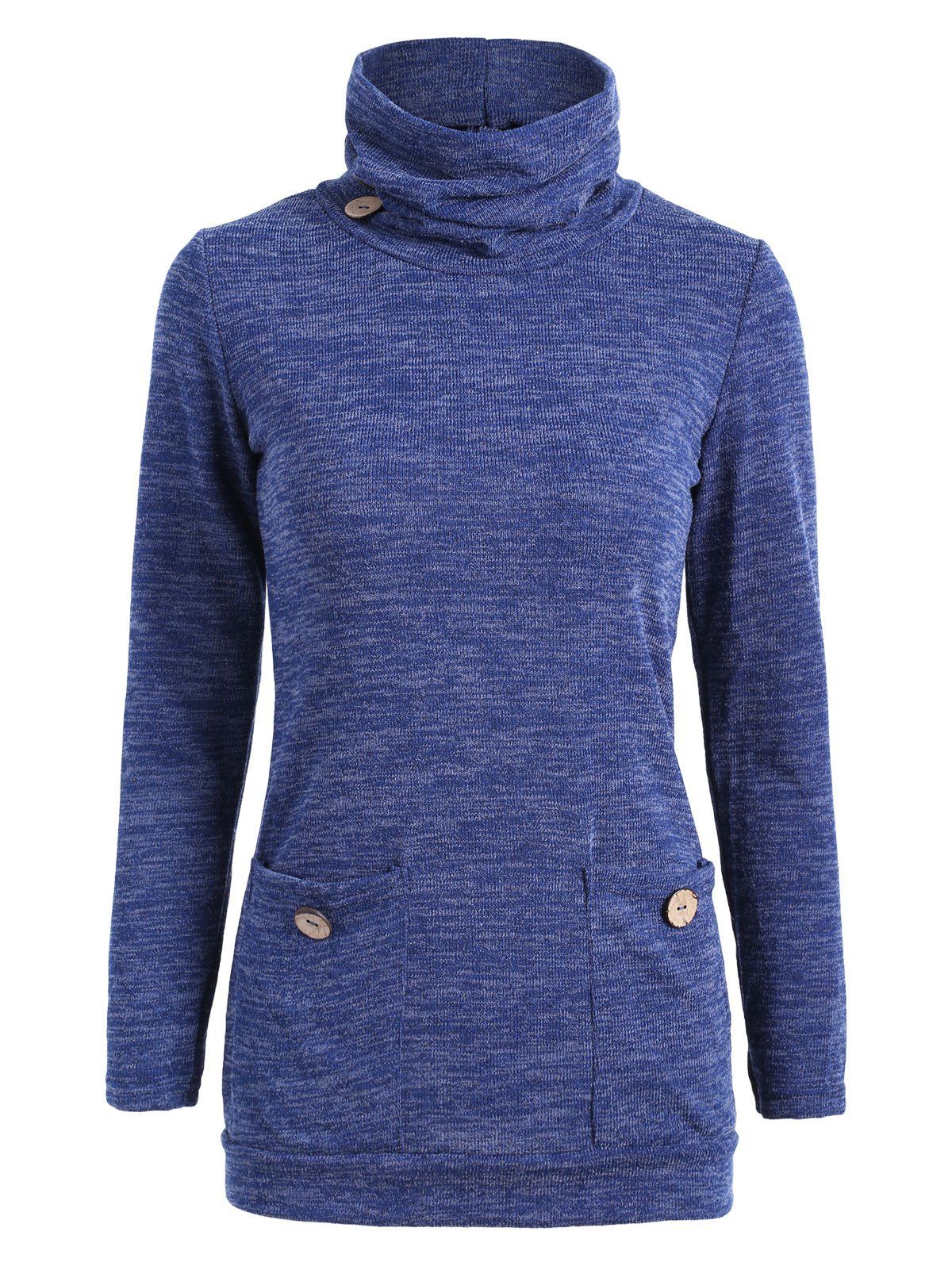 

Turtleneck Button Embellished Pocket Sweater, Blue