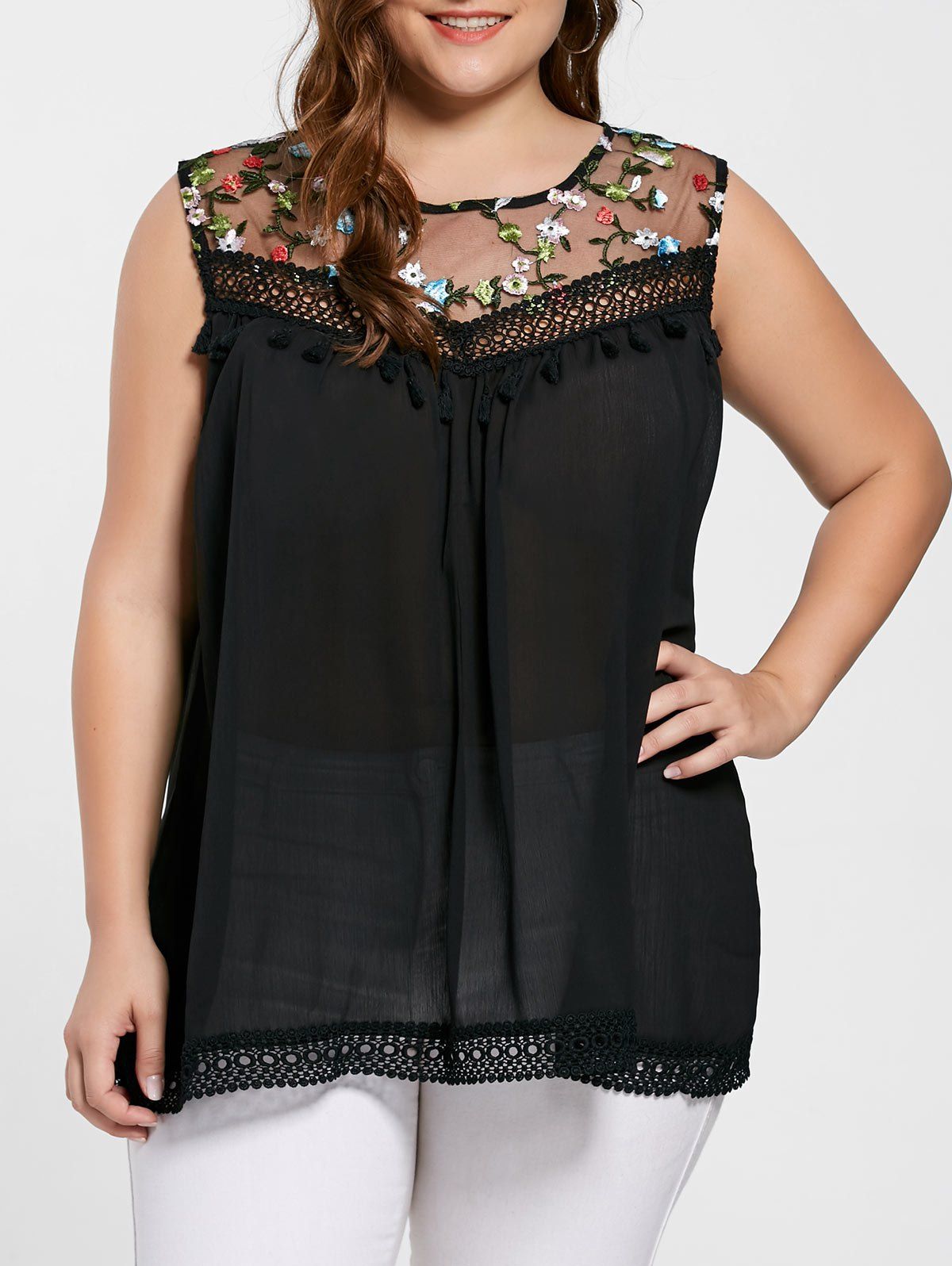 

Plus Size Floral Embroidered Mesh Top, Black