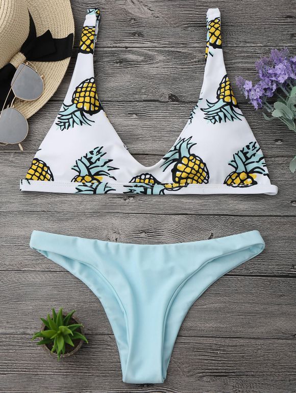Ensemble Bikini Imprimé Ananas à Coupe Haute - Vert clair M