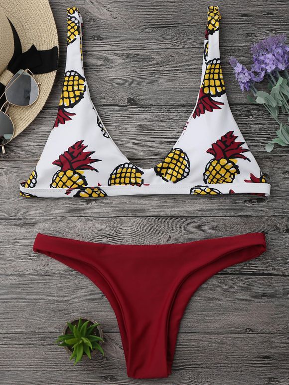 Ensemble Bikini Imprimé Ananas à Coupe Haute - Rouge vineux S