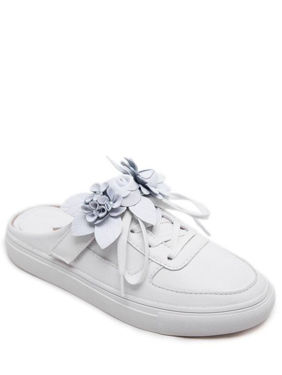 Chaussures Plats avec Lacets Motif Fleurs - Blanc 37