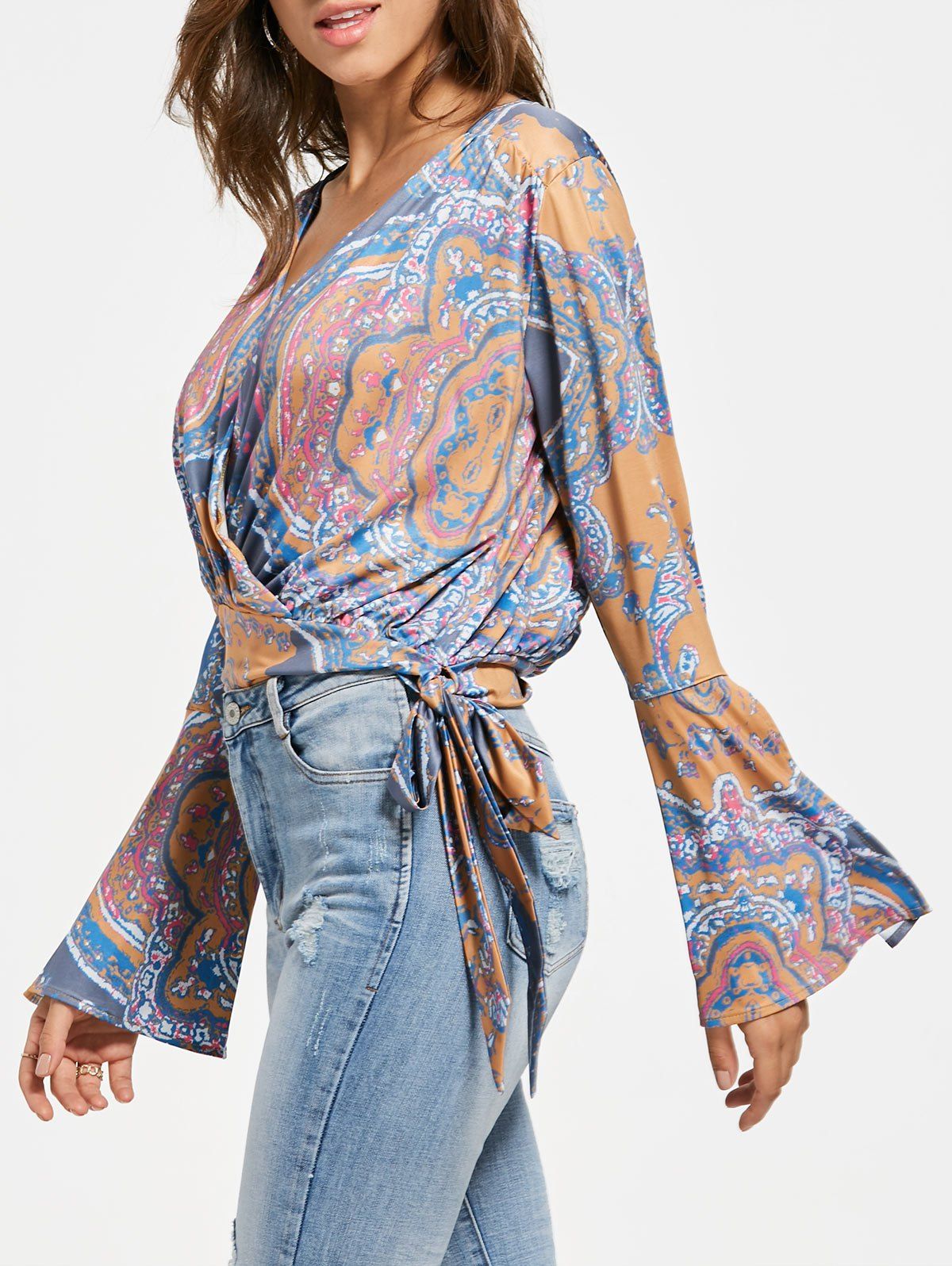 

Bell Sleeve Bowknot Surplice Blouse, Colormix