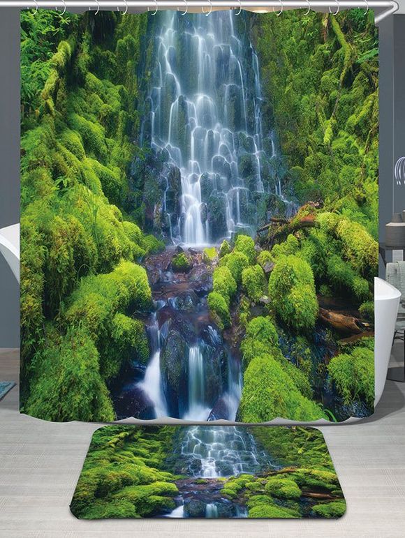 Layered Waterfall Mountains Rug Ensemble de rideaux de bain anti-douches - Vert W79 INCH * L71 INCH