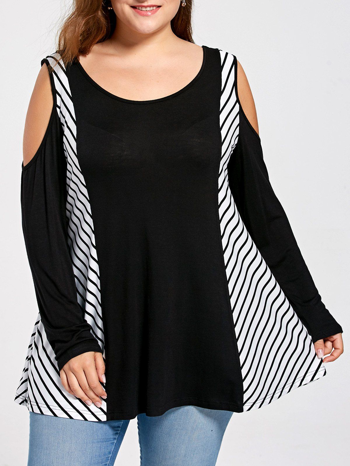 

Stripe Panel Plus Size Open Shoulder Top, Colormix
