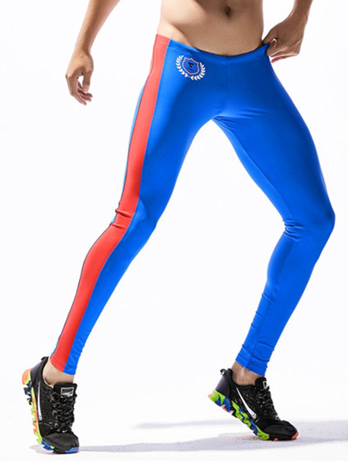 

Side Stripe Badge Print Stretchy Gym Pants, Color blue