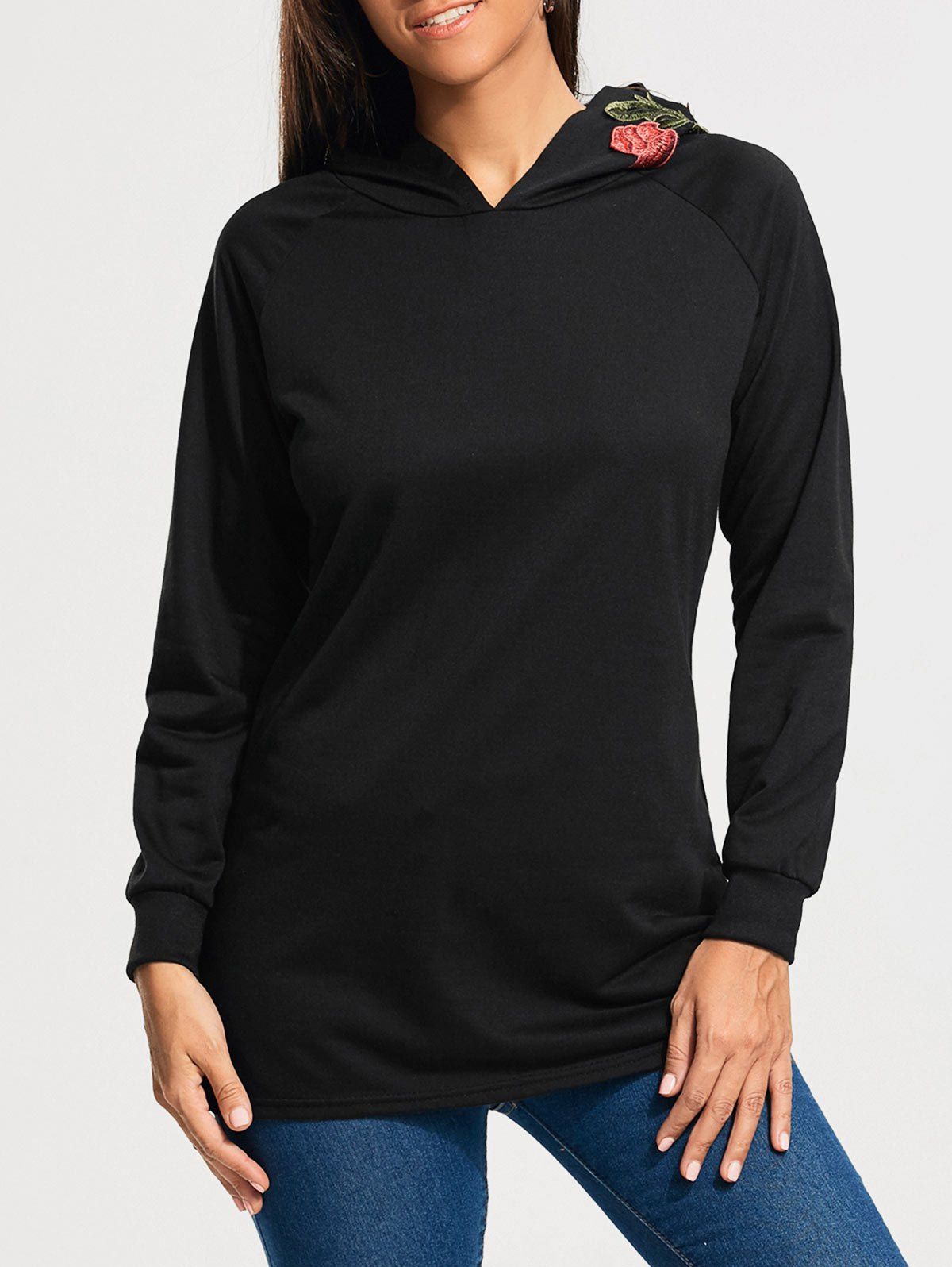 

Raglan Sleeve Flower Embroidered Hoodie, Black