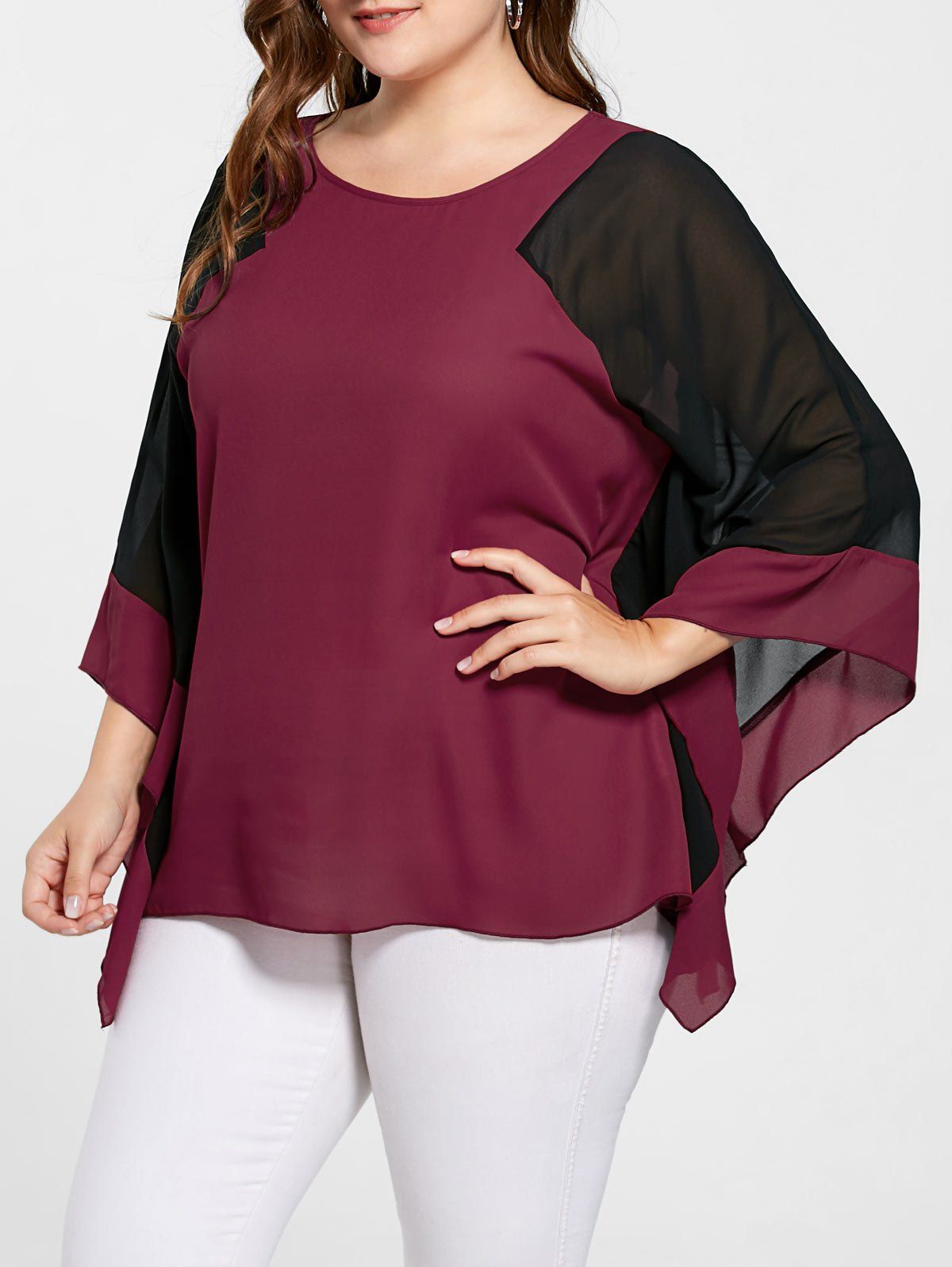 

Plus Size Two Tone Batwing Sleeve Blouse, Red with black