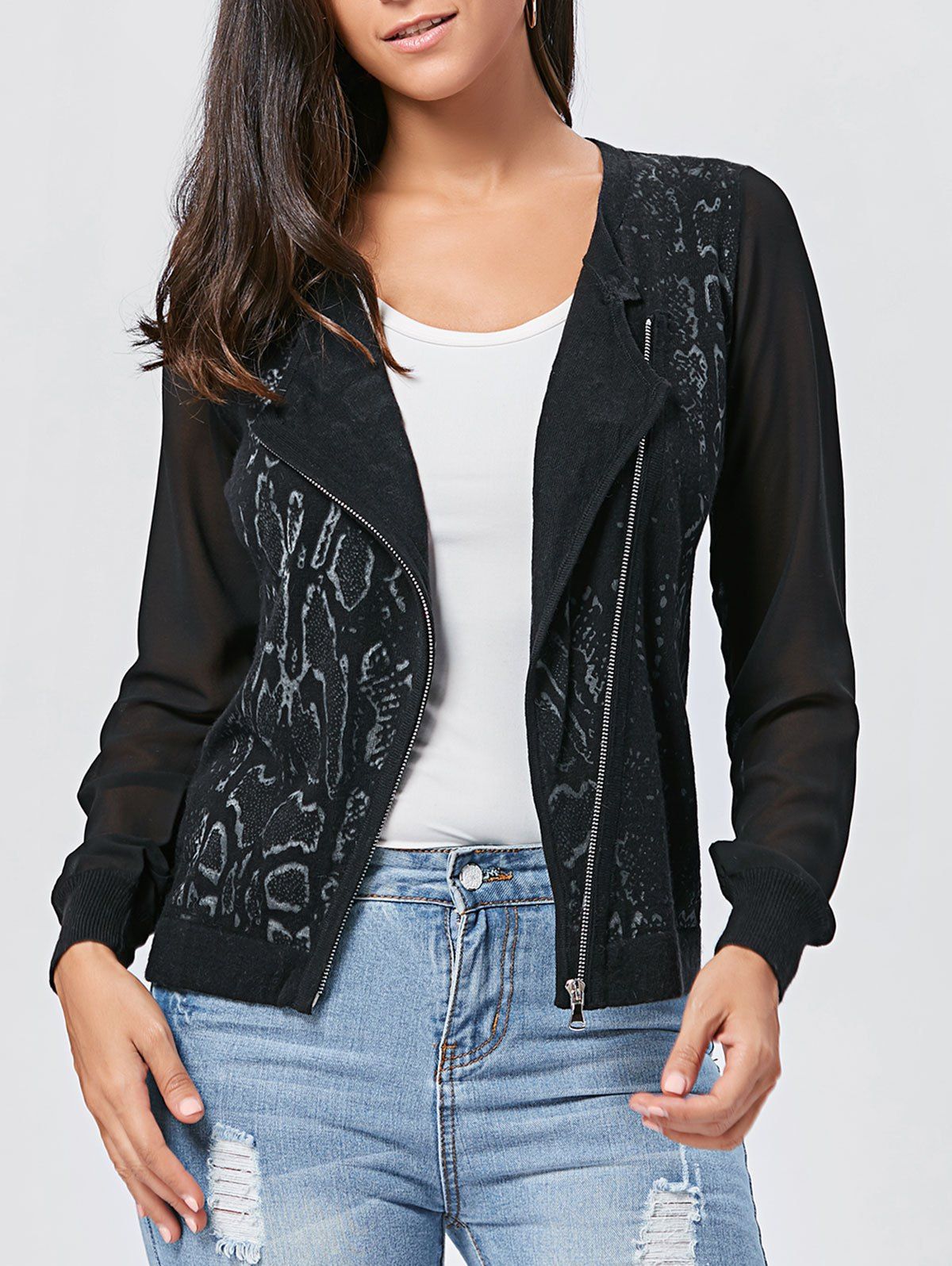 [17% OFF] 2021 See Thru Graphic Knit Zip Up Jacket In BLACK | DressLily