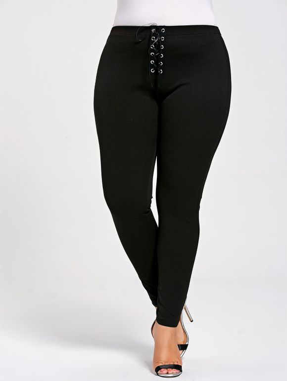 Pantalon Moulant Taille Haute à Lacets - Noir 5XL