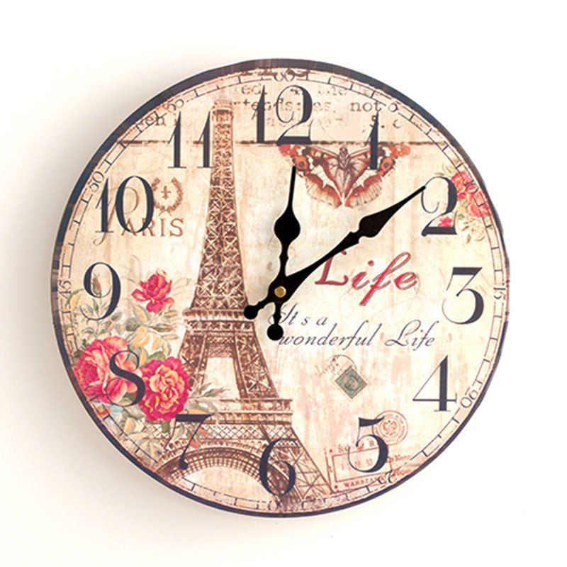 

Eiffel Tower Round Wood Analog Wall Clock, Yellow