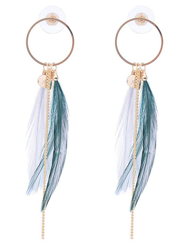 

Feather Metal Link Chain Circle Drop Earrings, White and green