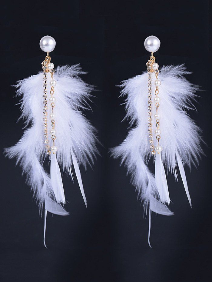 

Natural Feather Artificial Pearl Rhinestone Drop Earrings, White