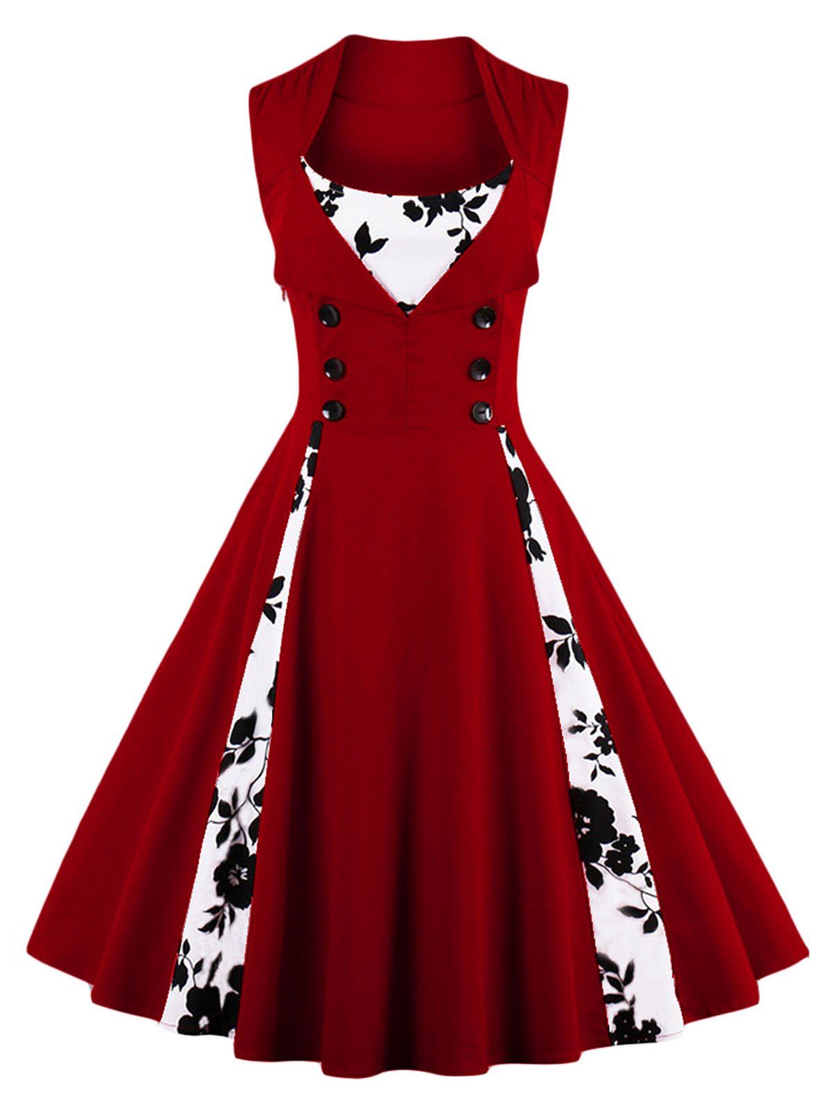 

Vintage Floral Print Prom Swing Pin Up Dress, Wine red