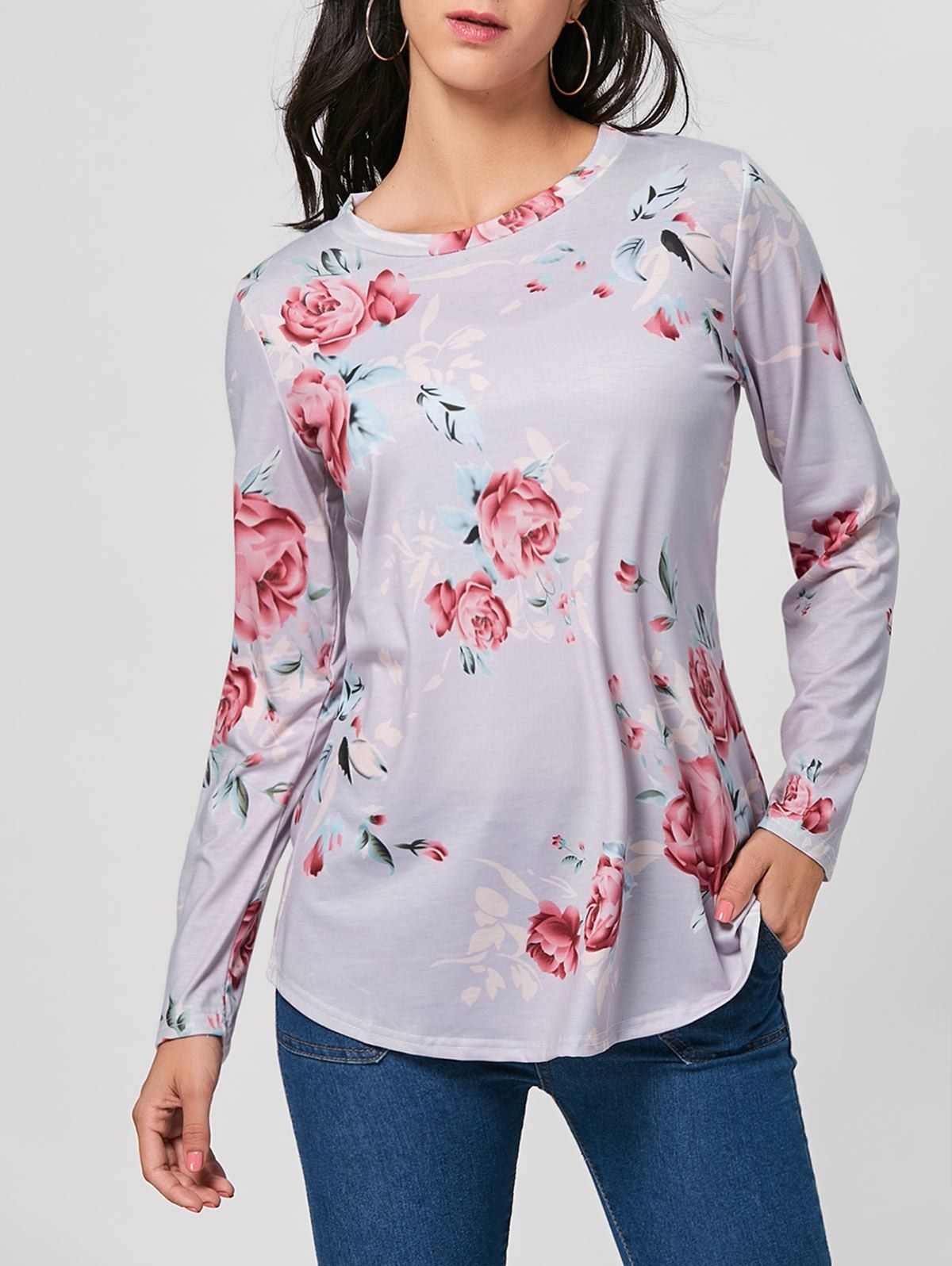 [17 OFF] 2019 Long Sleeve Floral Tunic Top In GRAY DressLily