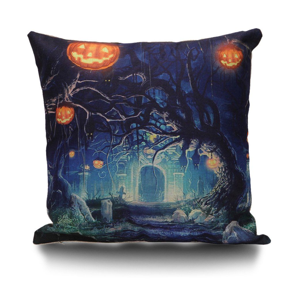 

Halloween Trees Pumpkin Decorative Linen Pillowcase, Deep blue