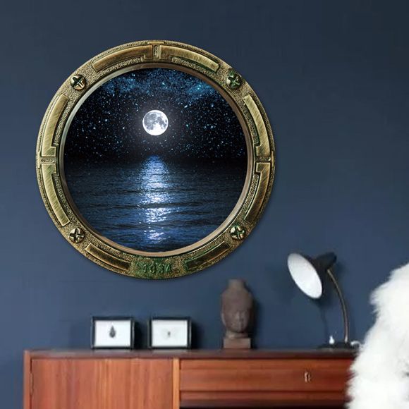 Autocollant Mural Motif Lune de Nuit et Mer à Travers la Fenêtre 3D - Bleu profond 45*45CM