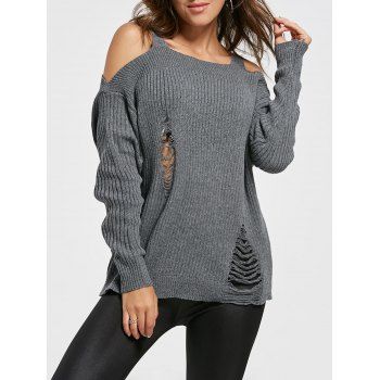 [41% OFF] 2024 Ribbed Cold Shoulder Ripped Sweater In DEEP GRAY | DressLily