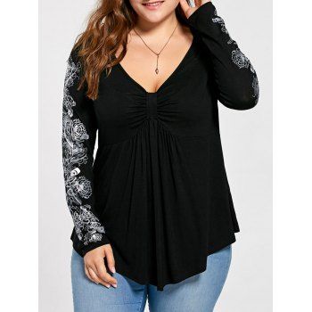 2018 Plus Size Floral Pattern Long Sleeve Draped T-shirt BLACK XL In ...