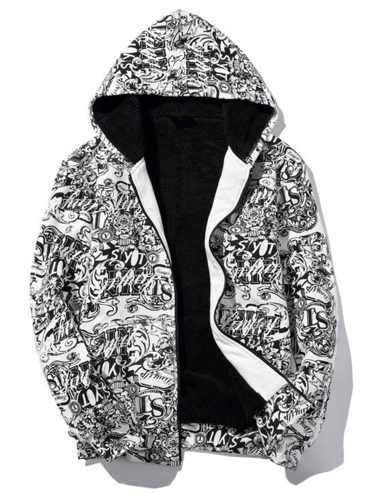 

Zipper Up Printed Flocking Hoodie, White