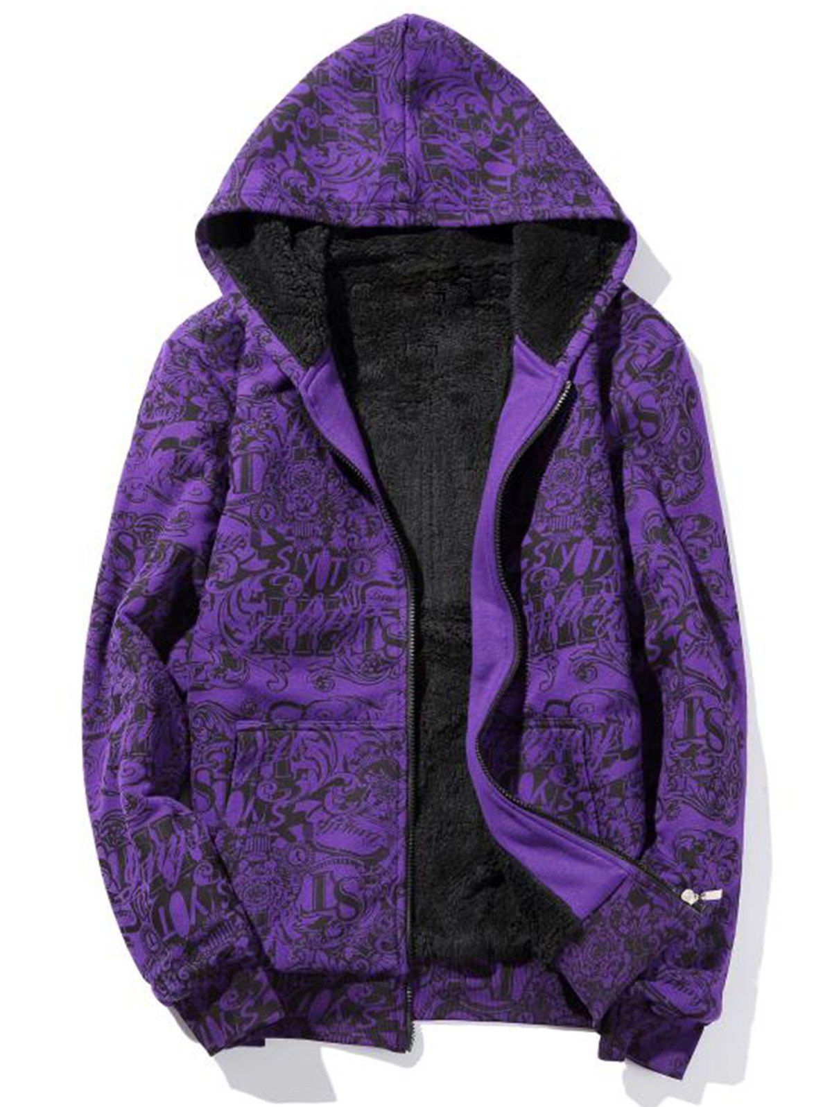 

Zipper Up Printed Flocking Hoodie, Purple