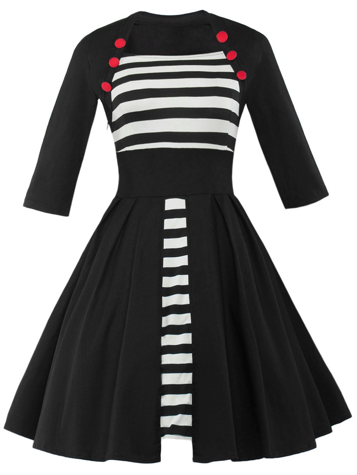 

Vintage Striped Button Embellished Plus Size Dress, Black