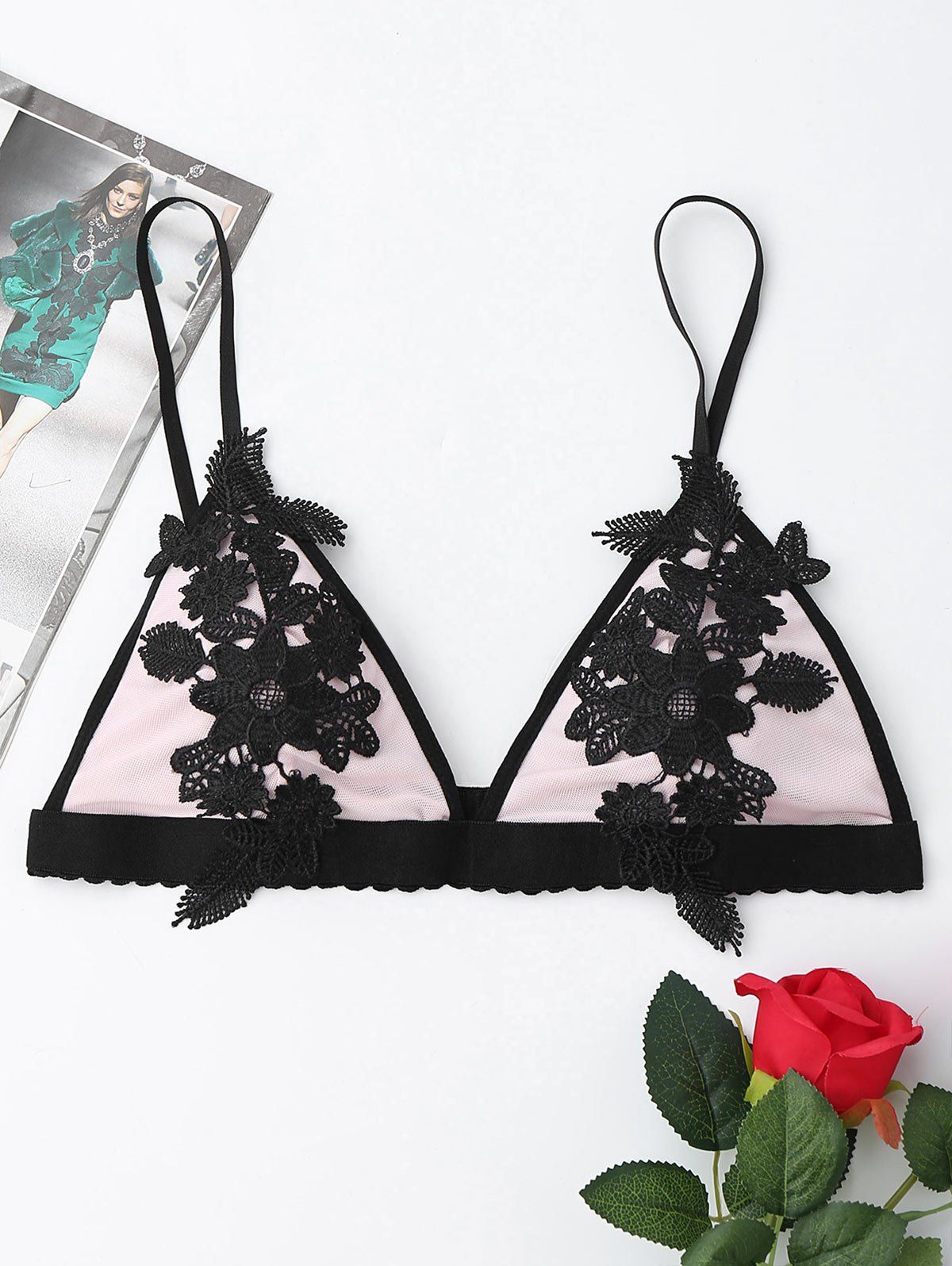 

Mesh Bralette with Floral Applique, Black