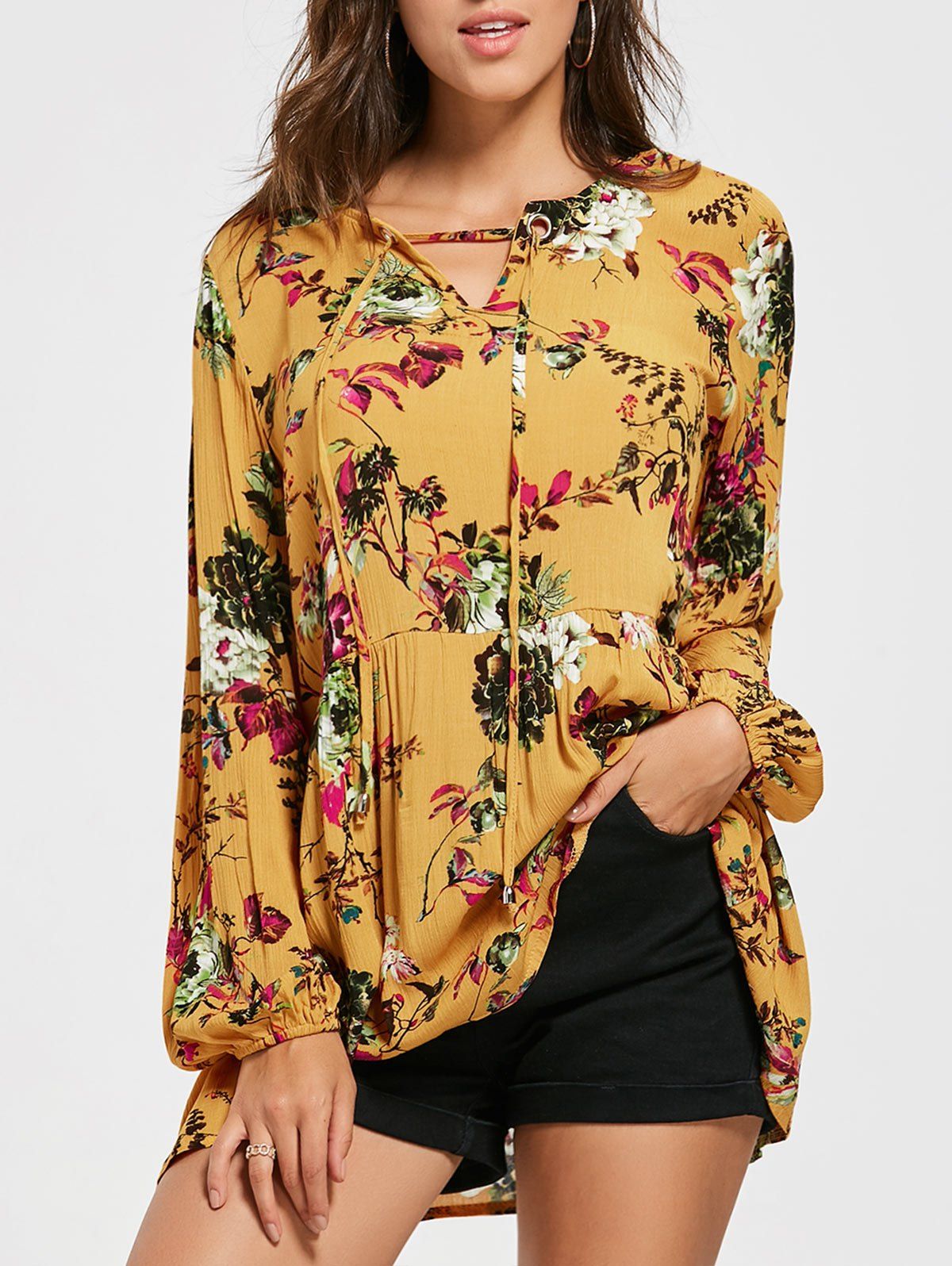 [41% OFF] 2020 Eyelet Floral Printed Tunic Blouse In YELLOW | DressLily