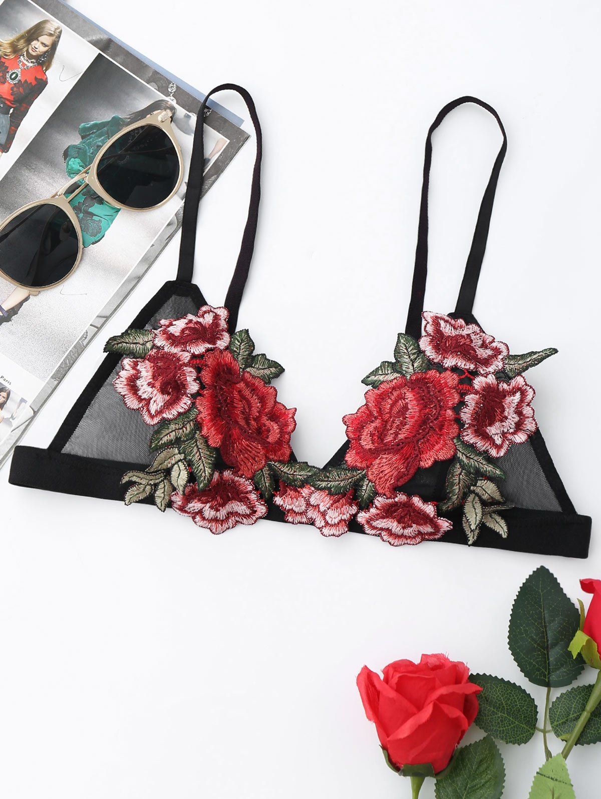 

Embroidered Floral Mesh Bralette, Black