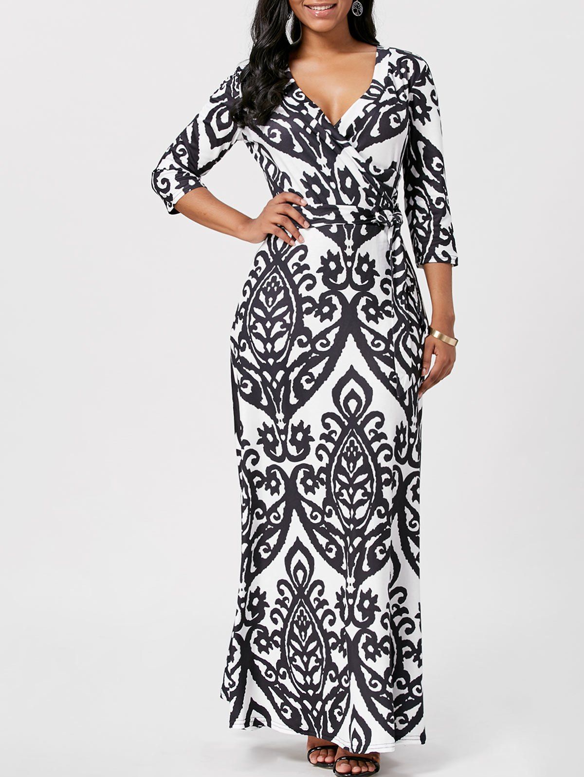 

Ethnic Print Maxi Wrap Dress, Black