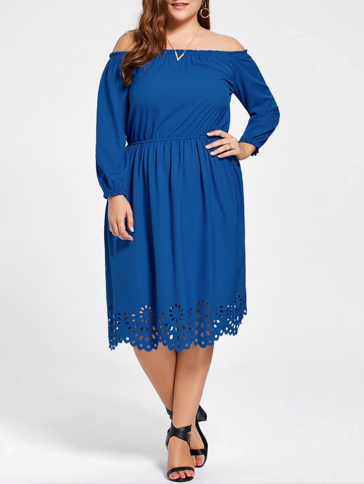 

Plus Size Scalloped Edge Off The Shoulder Dress, Blue