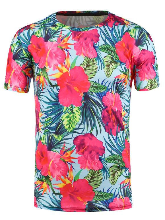 T-shirt Hawaïien Imprimé à Fleurs 3D - Bleu clair XL