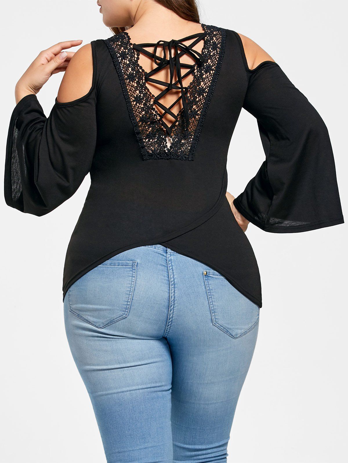 

Plus Size Cold Shoulder Lace Up T-shirt, Black
